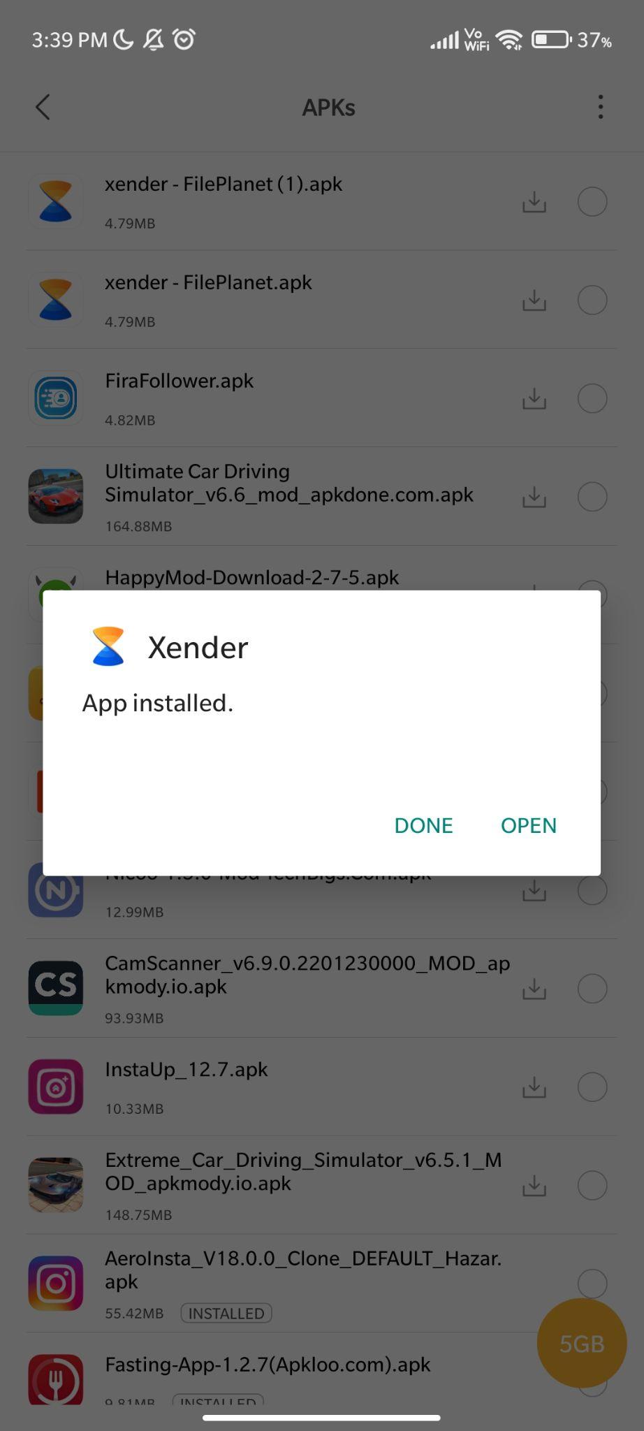 xender apk installed