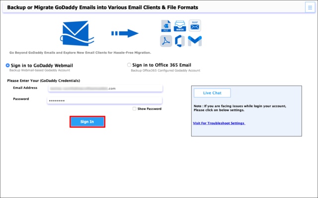 GoDaddy Email Backup Tool screenshot 1